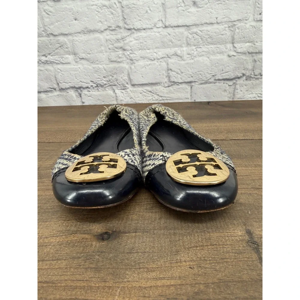 Tory Burch Reva Tweed Ballet Flats Blue Ivory Gold Logo Cap Toe Size 7